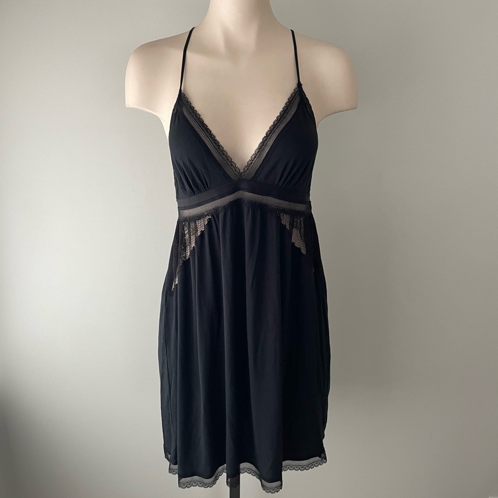 Victorias Secret Lace Cutout Slip Dress Black Goth Gothic Deep V Racerback Large